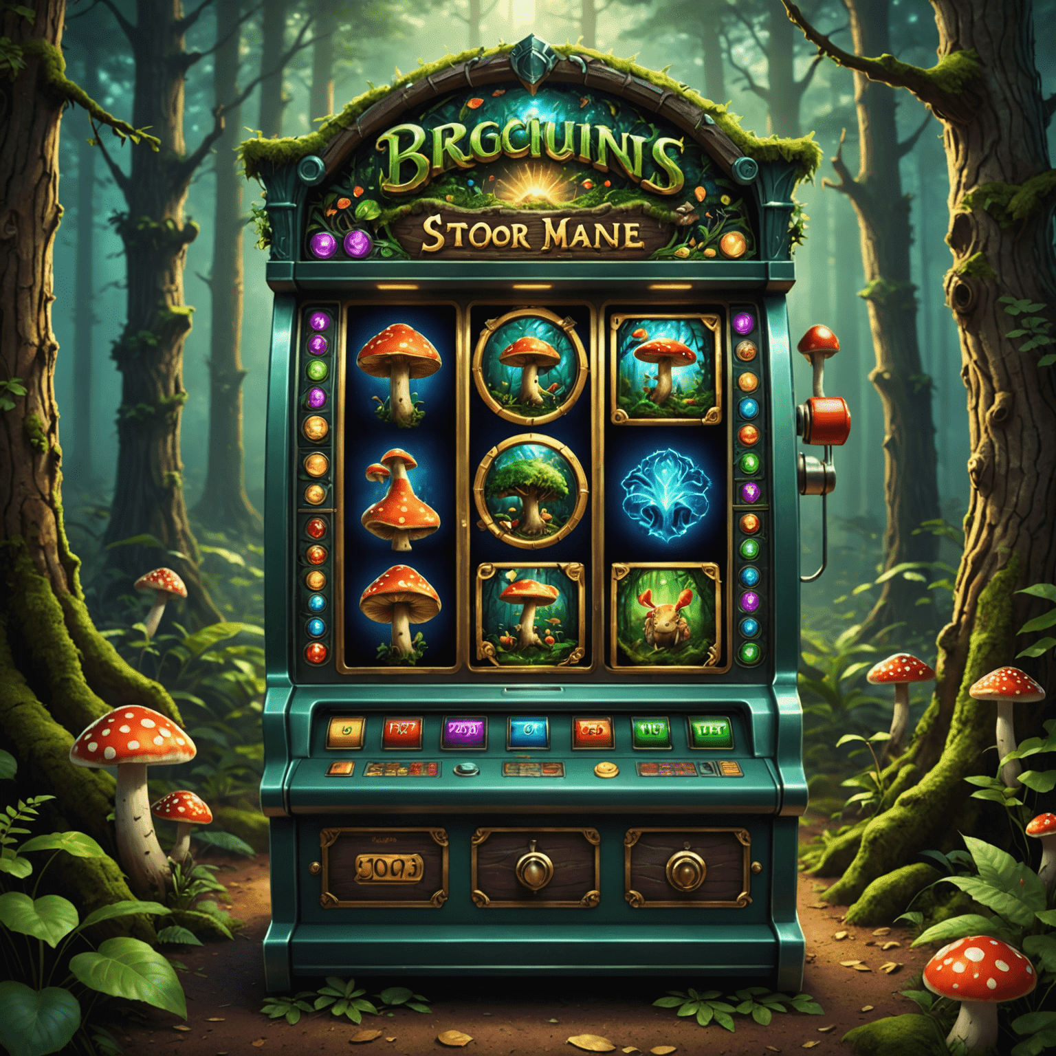 A mystical slot machine with a forest backdrop, featuring symbols of magical creatures, glowing mushrooms, and ancient trees. The interface has a user-friendly layout with clear instructions.