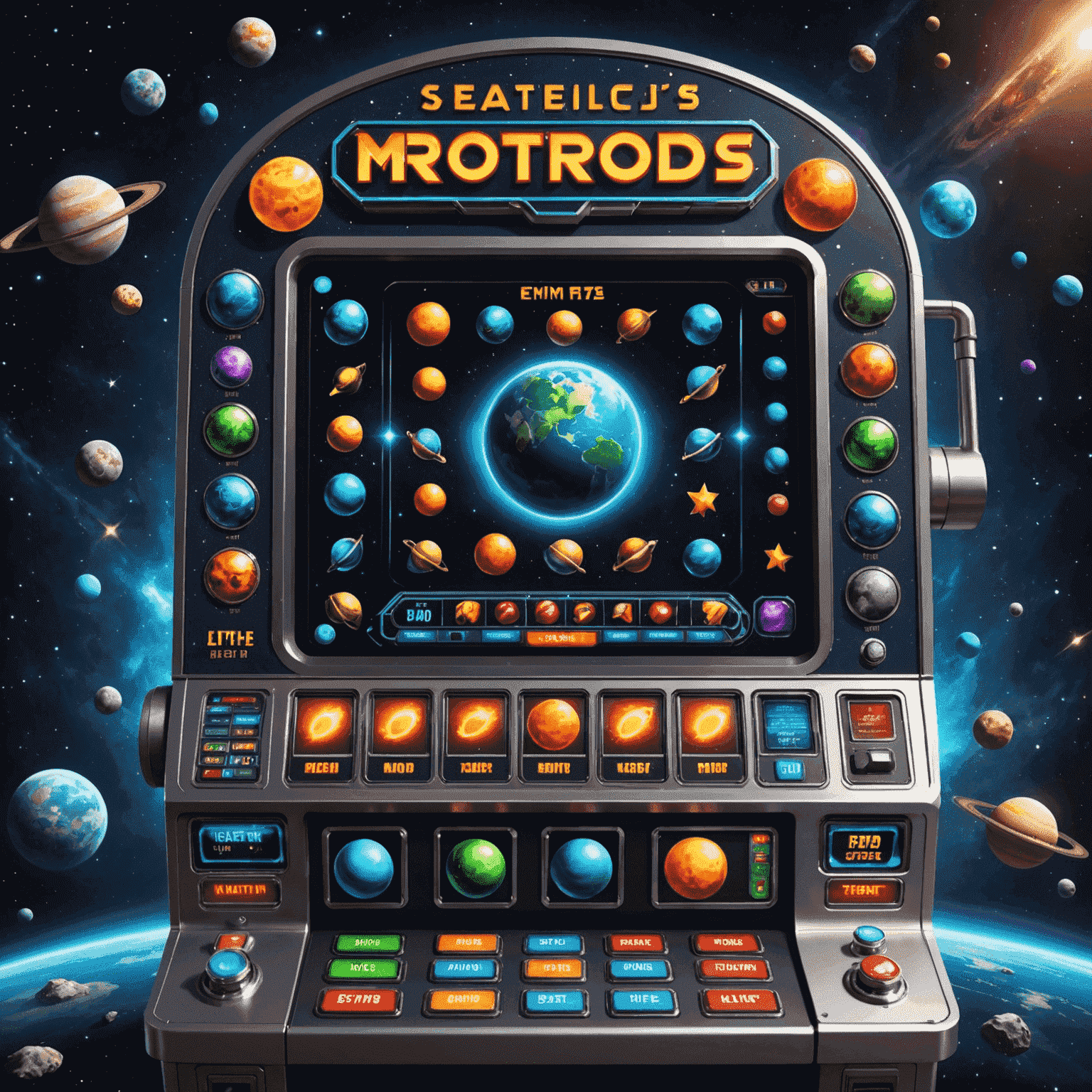 A futuristic slot machine with a space theme, featuring planets, asteroids, and alien symbols. The game has large, clearly labeled buttons and a helpful tutorial overlay.