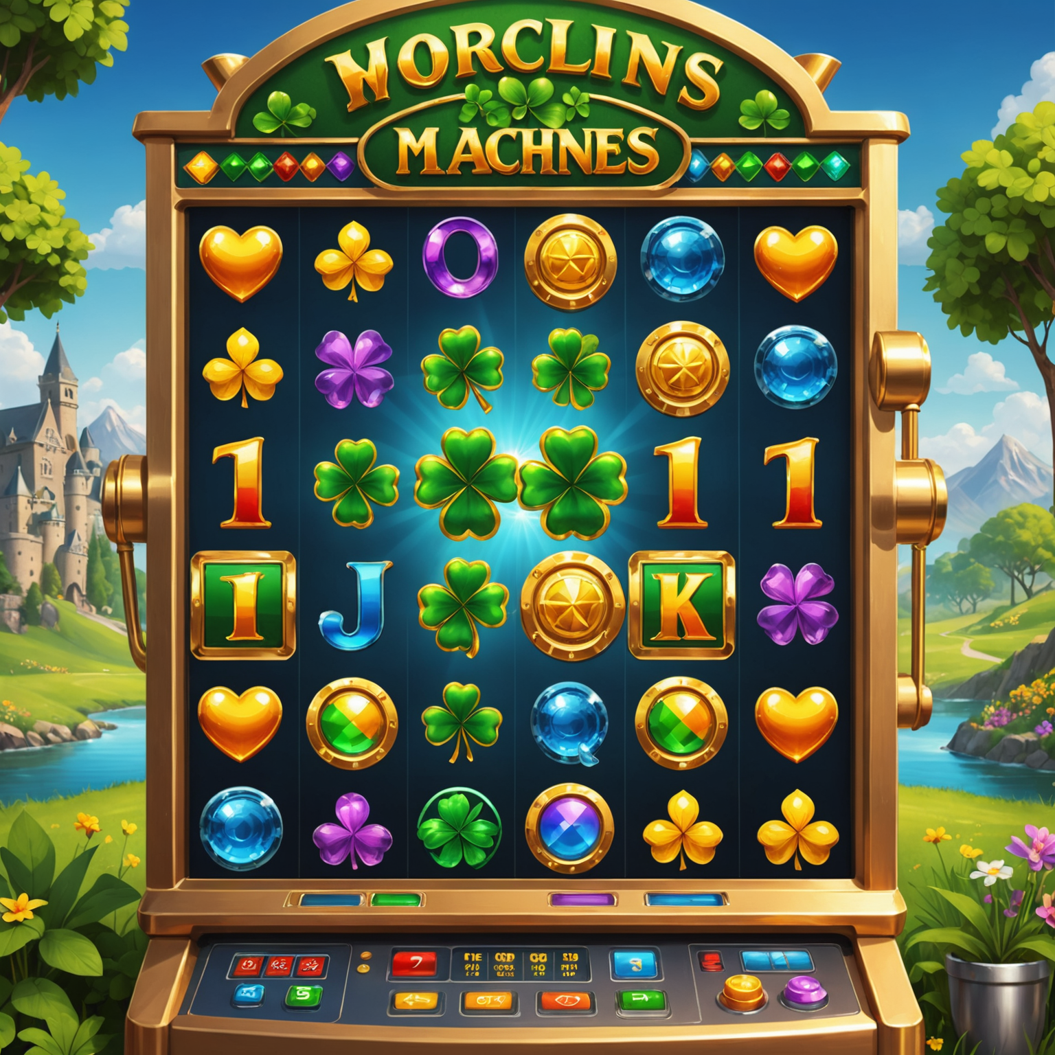 A cheerful slot machine with Irish-themed symbols like four-leaf clovers, pots of gold, and rainbows. The interface includes helpful tooltips for new players.