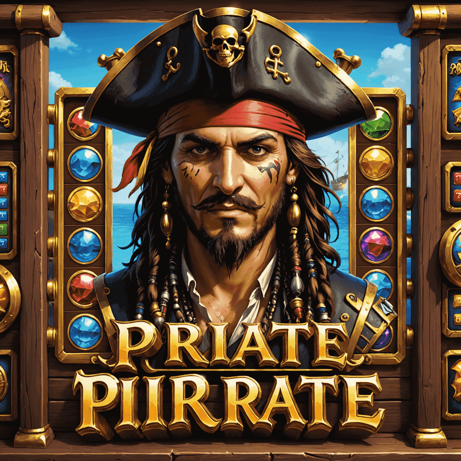 A pirate-themed slot machine with symbols of treasure chests, parrots, and pirate ships. The game features a simple progress bar for unlocking new levels, making it engaging for beginners.
